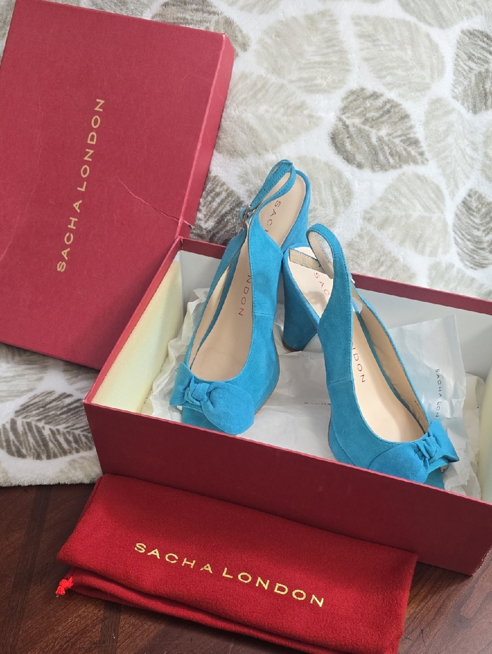 Sacha London Libby Turquoise Suede Slingback Heels with Bow Accent, 8.5